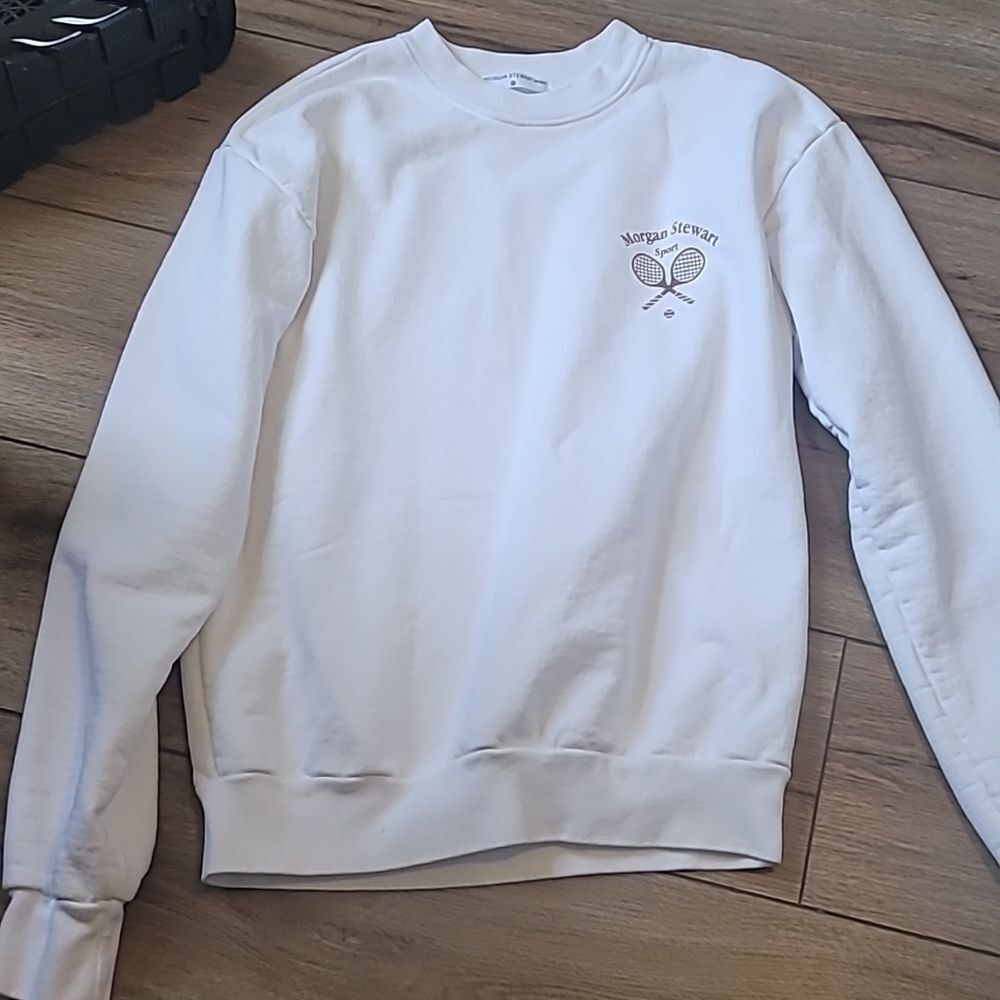 Morgan Stewart Sport White Crewneck Sweatshirt XS Tennis Graphic Pullover